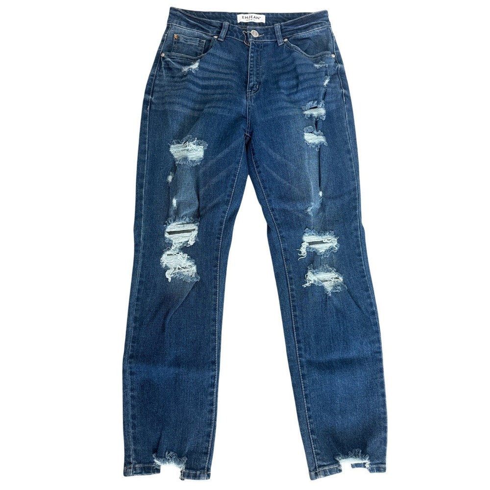 Enjean‎ Denim Co Womens Distressed Skinny Jeans Medium Wash Blue Ripped Size 7